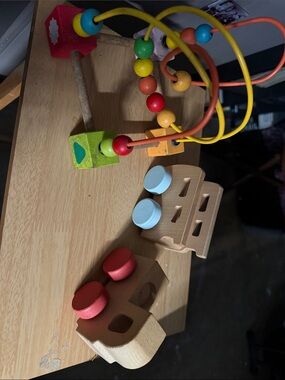 Wooden Bead Maze and Shape Sorter Activity Toy - Multicolor & Wooden Car Set